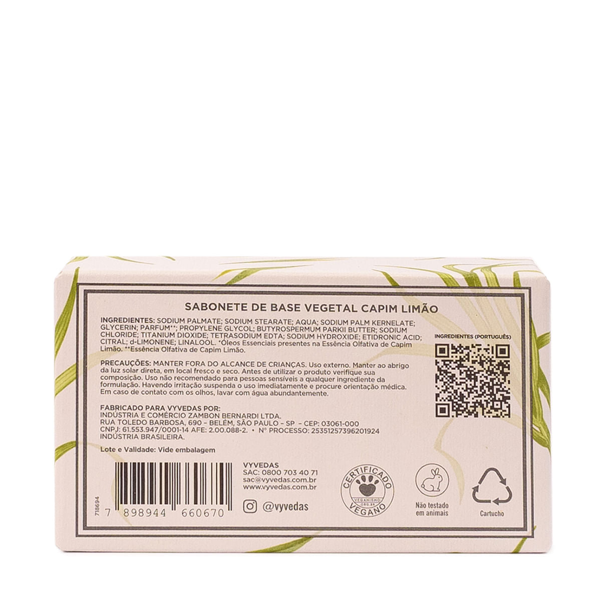 Sabonete Vegetal Vyvedas Capim Limão 120g