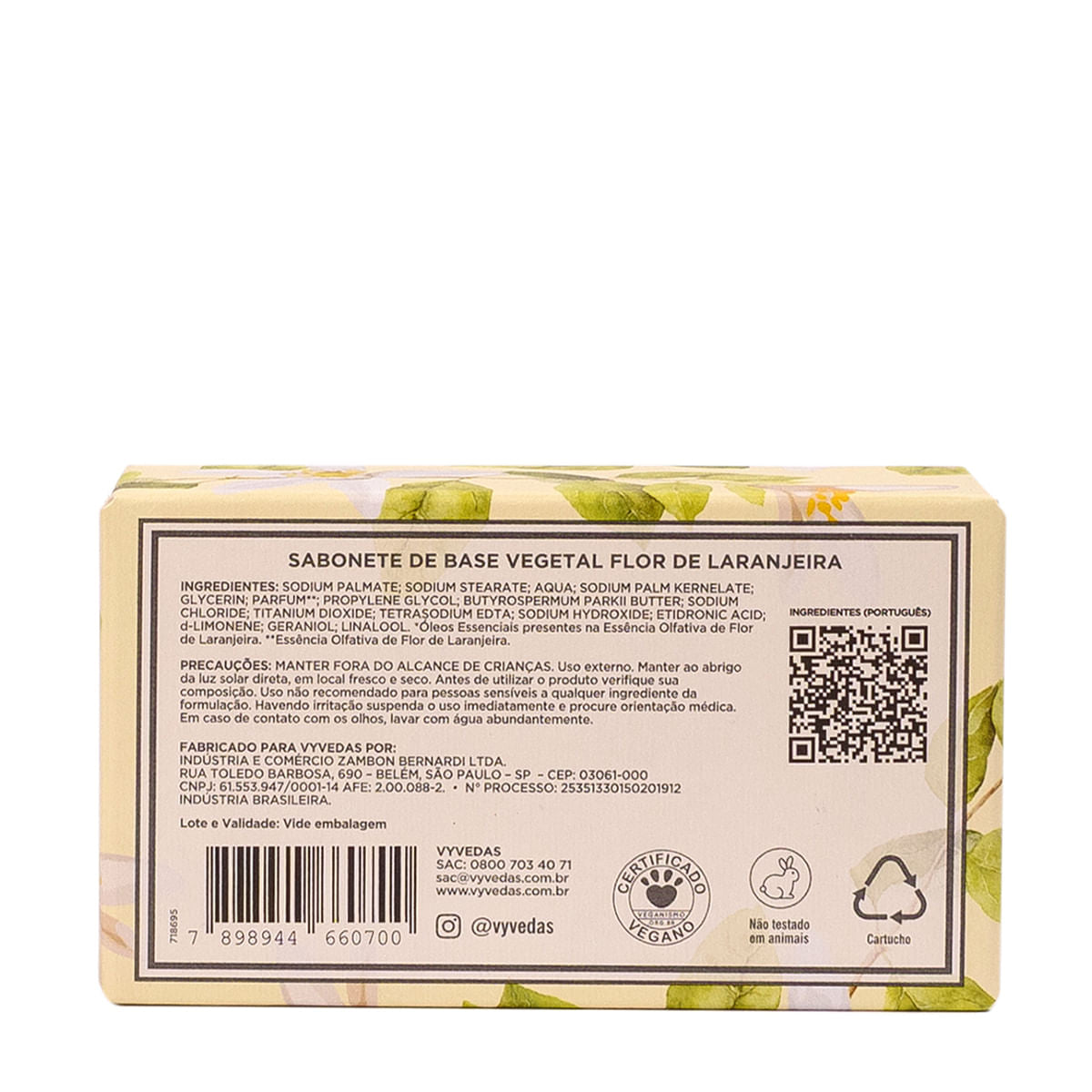 Sabonete em Barra Vegetal Vyvedas Flor de Laranjeira 120g